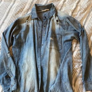 Distressed over sized denim shirt